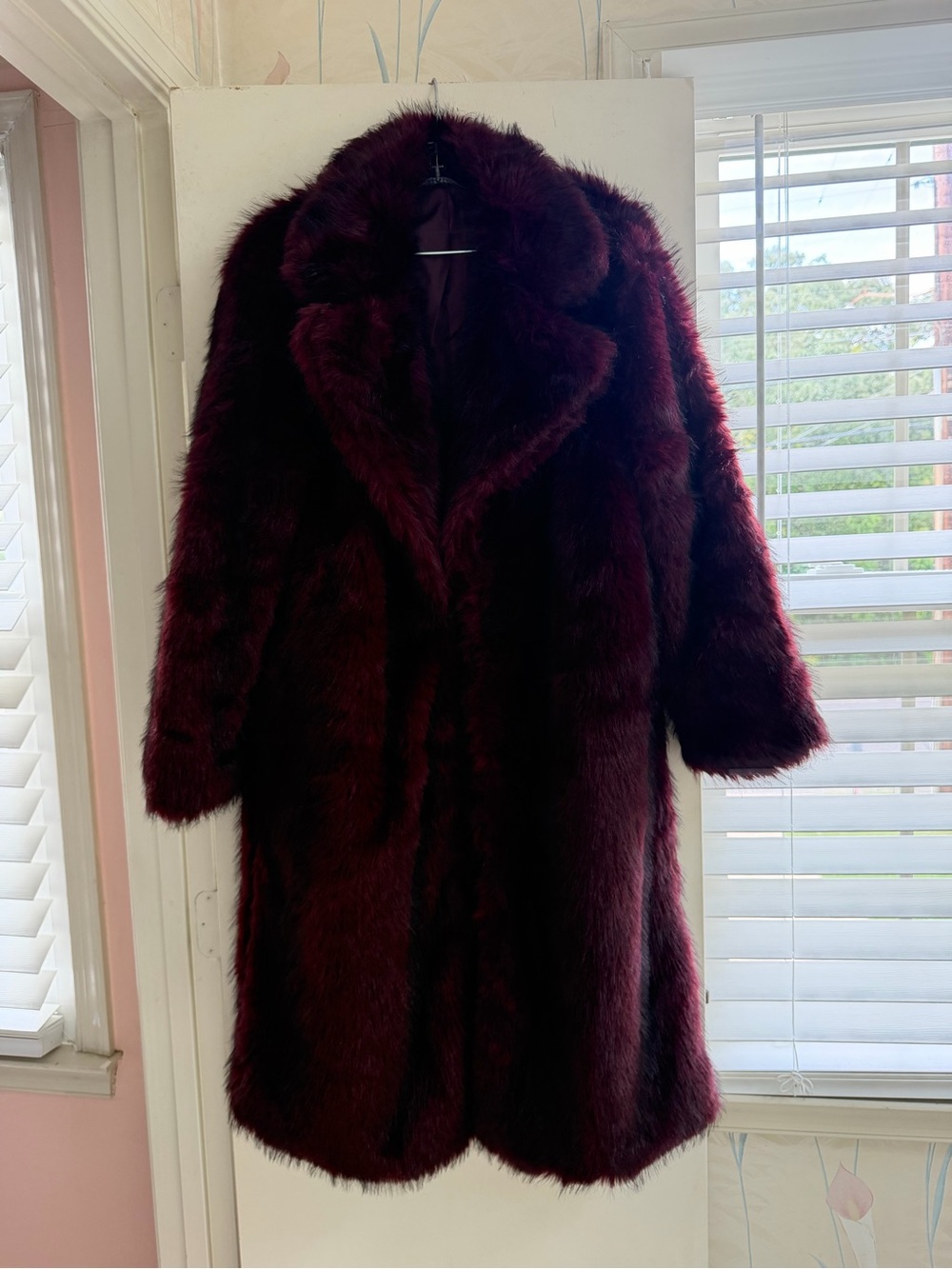 SHEIN Burgundy Faux Fur Long Coat